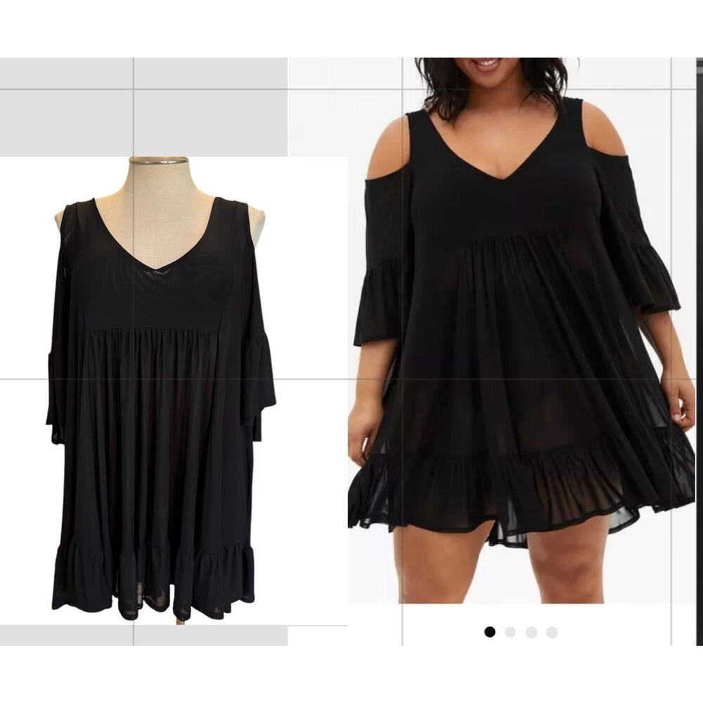 Torrid 2‎ (2X 18/20) Black Flowy Ruffle Cold Shoulder Sheer Mesh Swim Cover Up